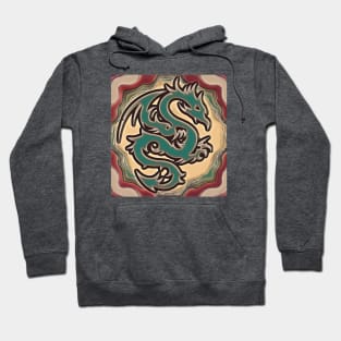 Burgundy, green, and cream abstract print with dragon graphic Hoodie